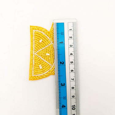 Sliced Lemon Beaded Applique, Hand Embroidered In Yellow Beads, Beaded Motif